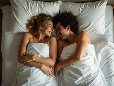 Happy Couple Lying Together In Bed