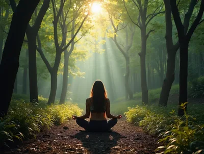 Woman Meditating In A Sunlit Forest