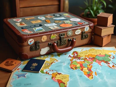 Vintage Suitcase With Travel Map And Passport