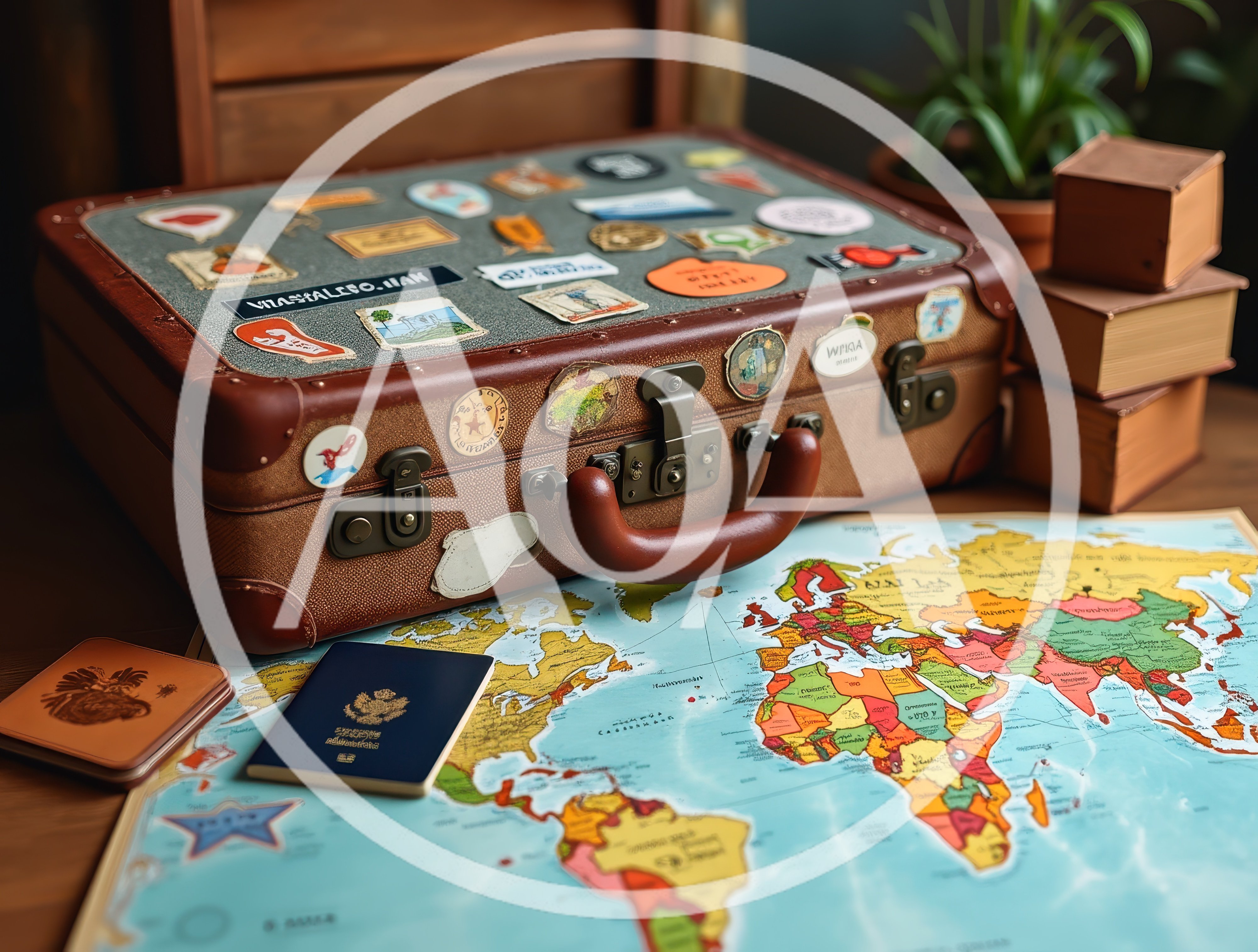 Vintage Suitcase With Travel Map And Passport
