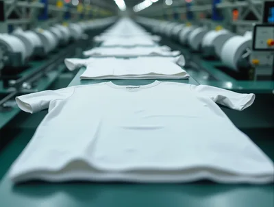 White T-Shirts Moving Along Automated Textile Factory Conveyor Belt