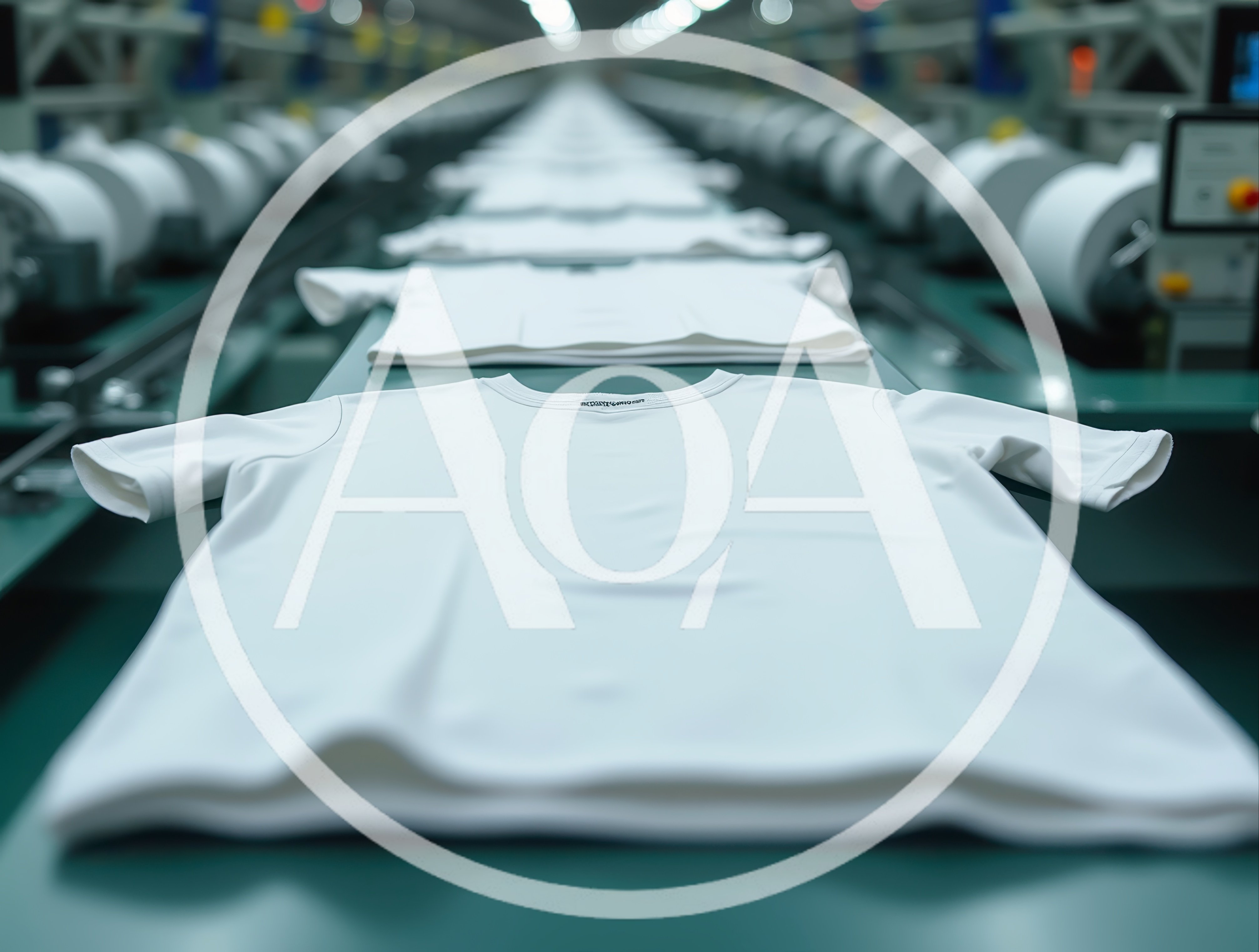 White T-Shirts Moving Along Automated Textile Factory Conveyor Belt