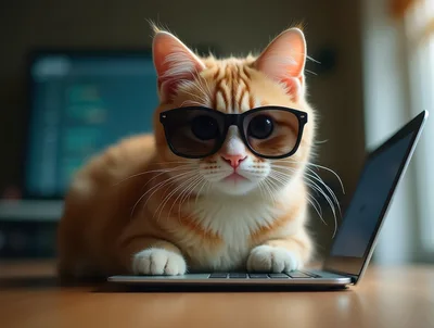 Ginger Cat Wearing Glasses Working On A Laptop