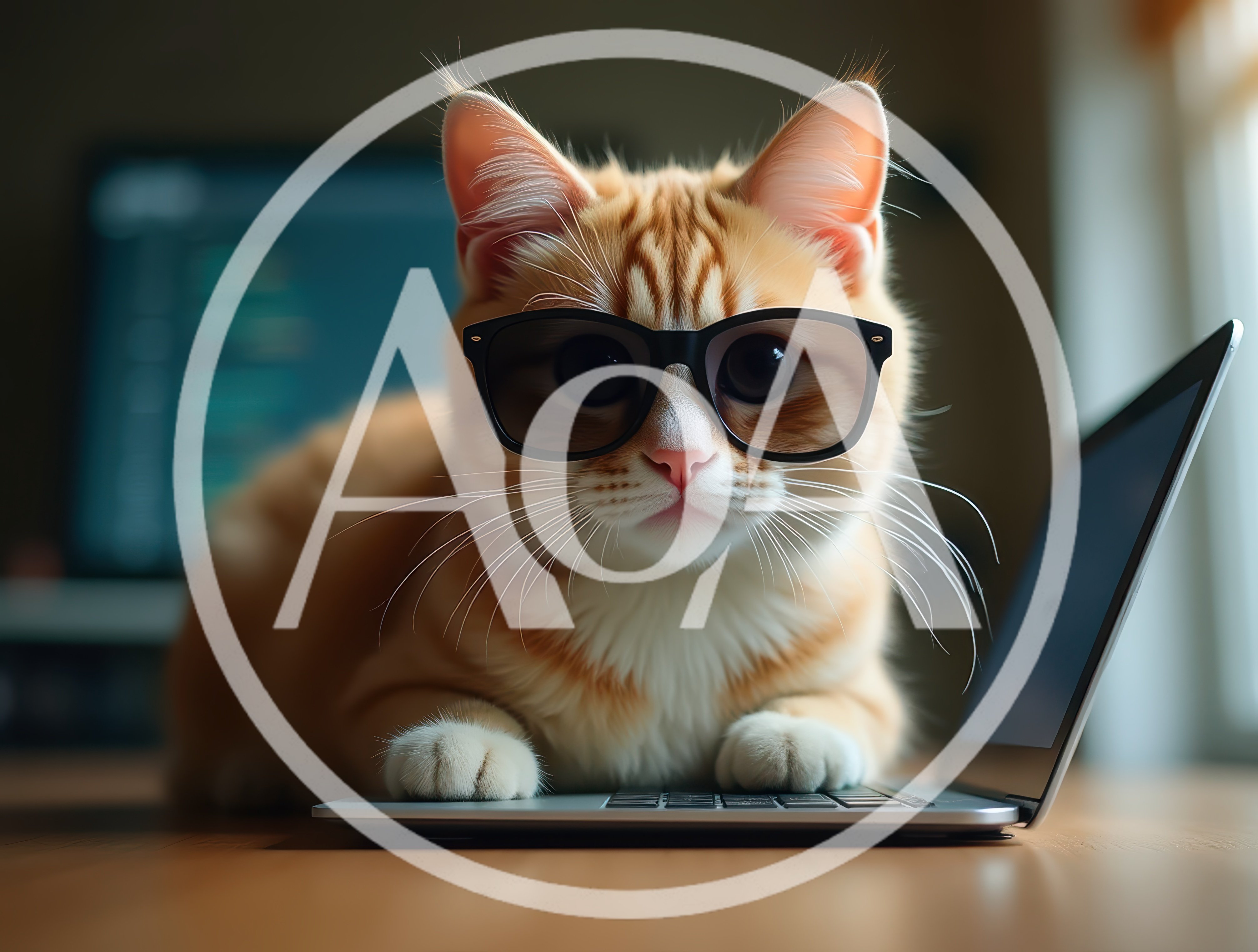 Ginger Cat Wearing Glasses Working On A Laptop