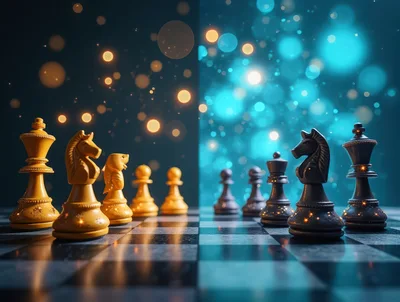 Chess Pieces Facing Off on a Glowing Board