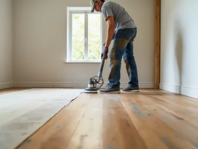 Professional Contractor Sanding Hardwood Floors In A Room