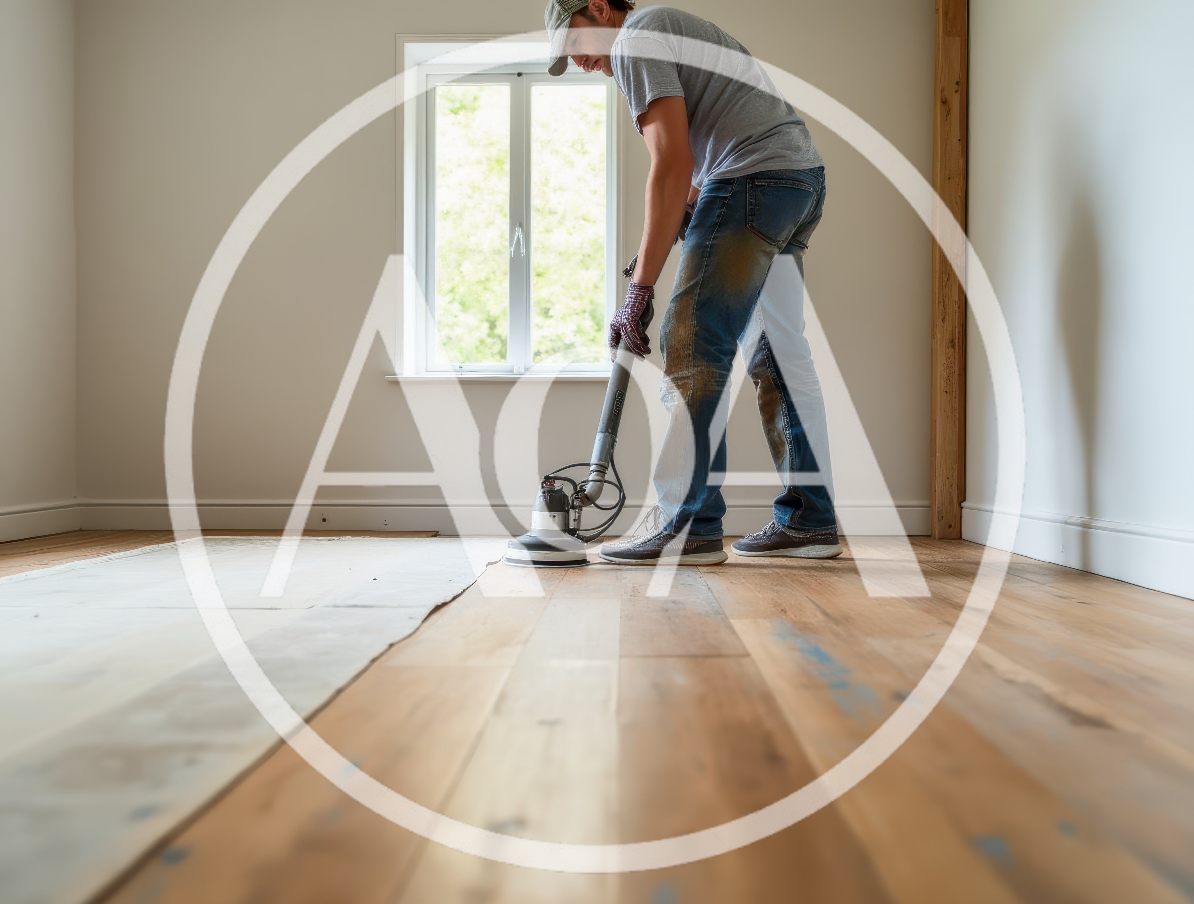 Professional Contractor Sanding Hardwood Floors In A Room