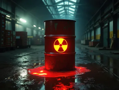Glowing Radioactive Waste Barrel Leaking In Industrial Warehouse