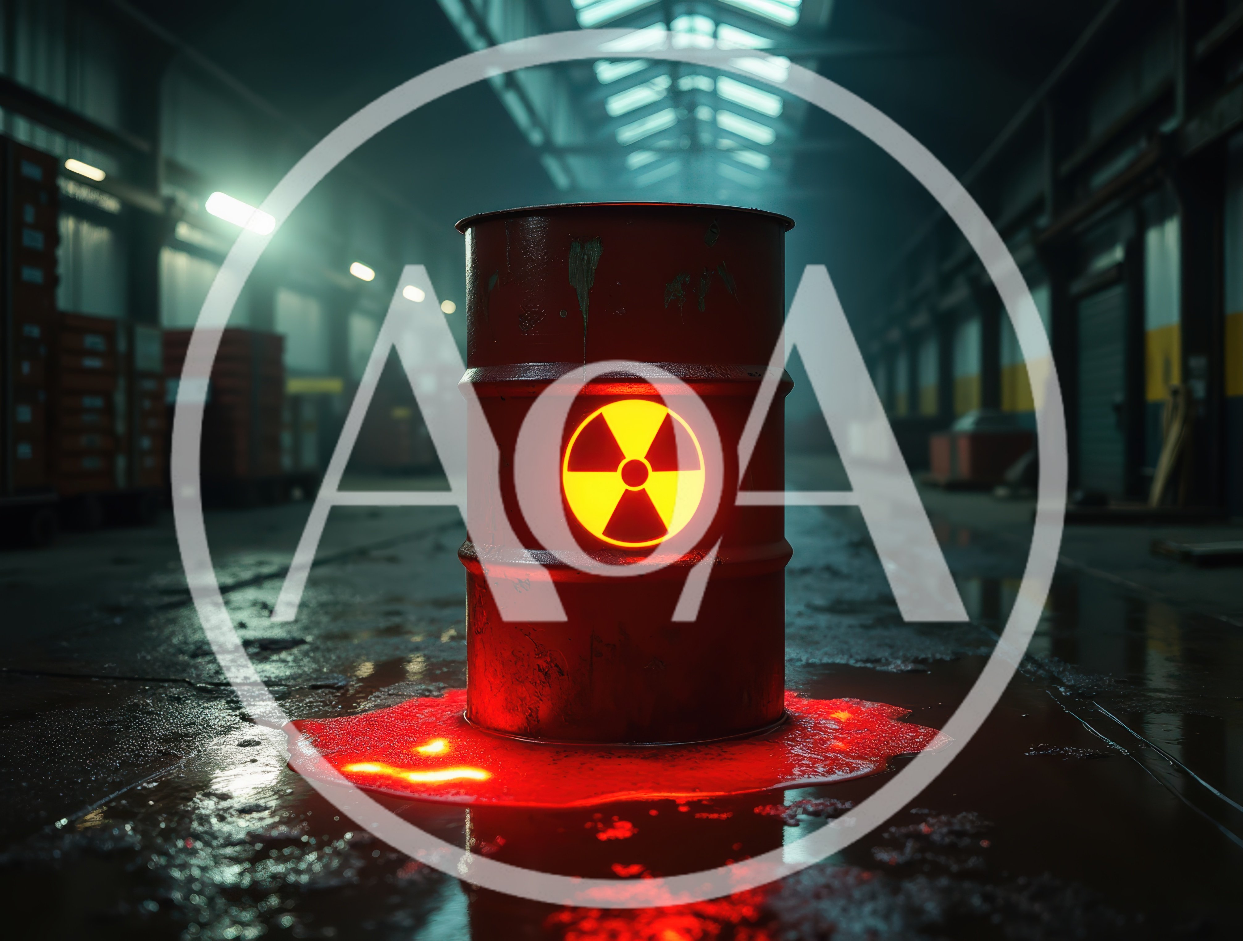 Glowing Radioactive Waste Barrel Leaking In Industrial Warehouse