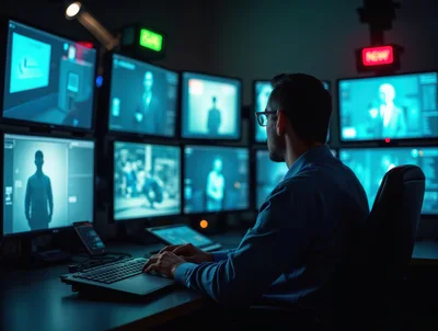 Security Analyst Monitoring Surveillance Feeds In Dark Control Room