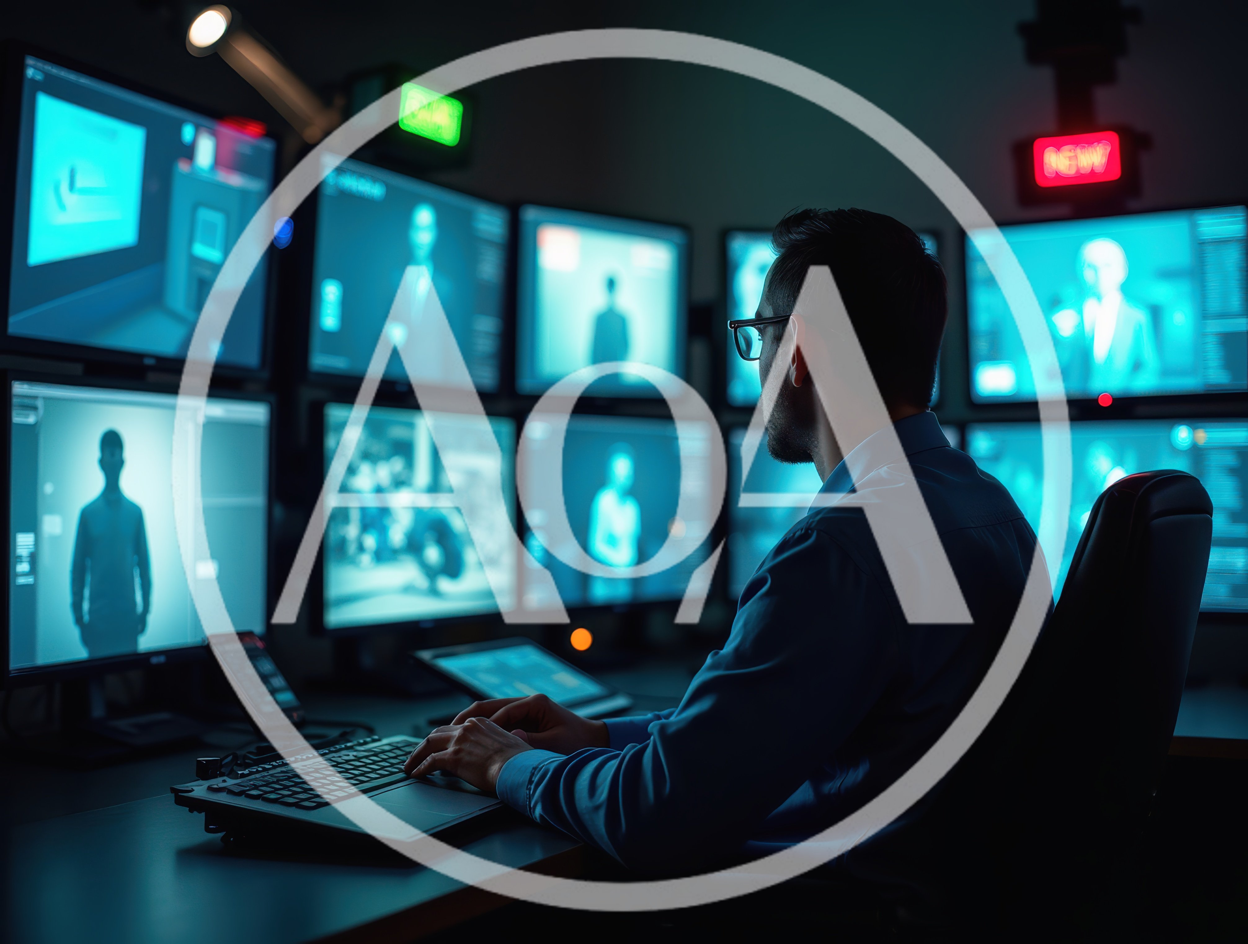 Security Analyst Monitoring Surveillance Feeds In Dark Control Room