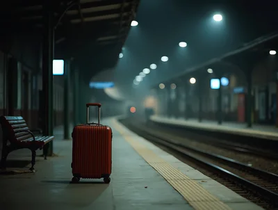 Red Suitcase Standing Alone on a Foggy Train Platform