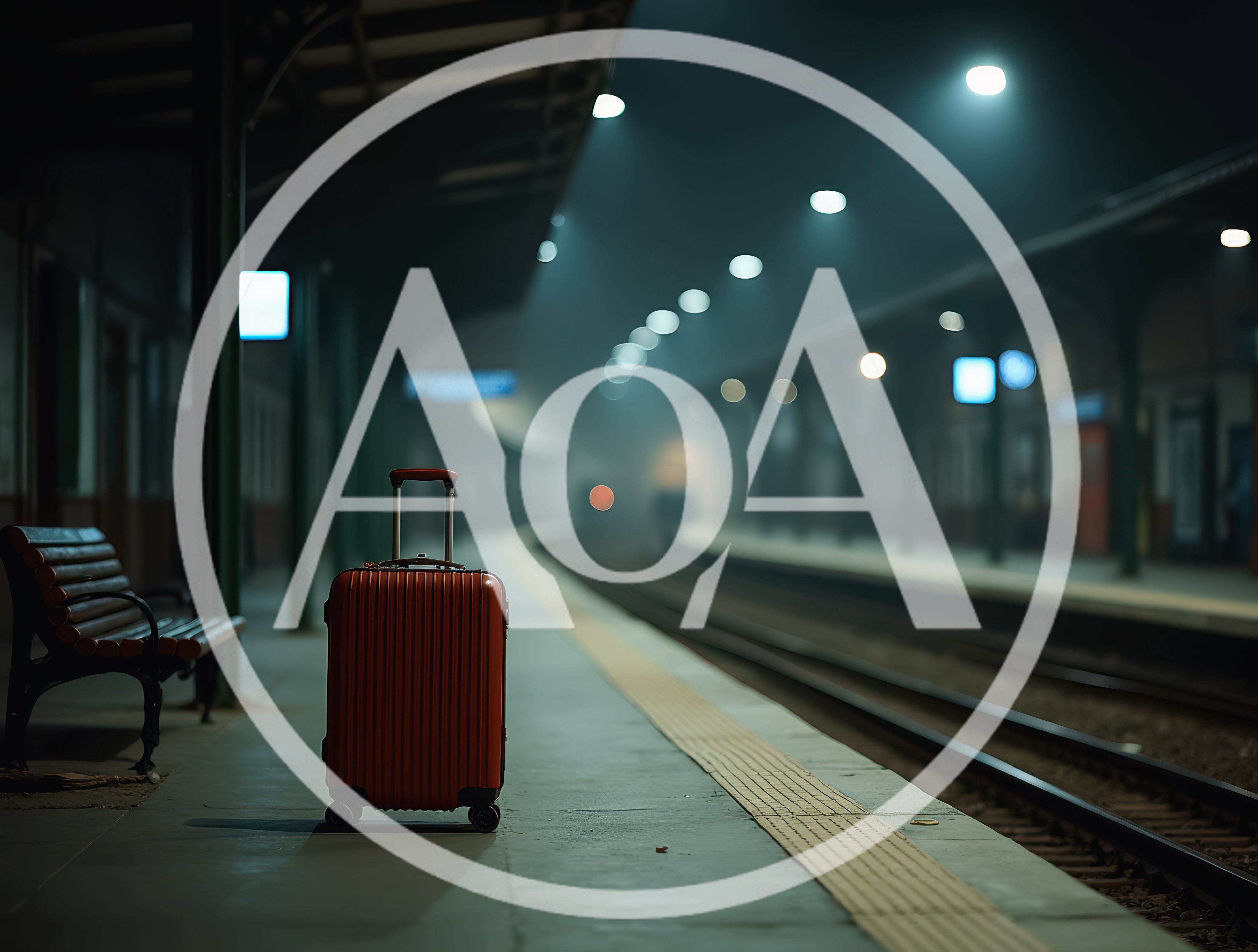 Red Suitcase Standing Alone on a Foggy Train Platform
