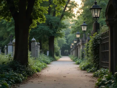 Empty Cemetery Pathway Lined With Vintage Street Lamps
