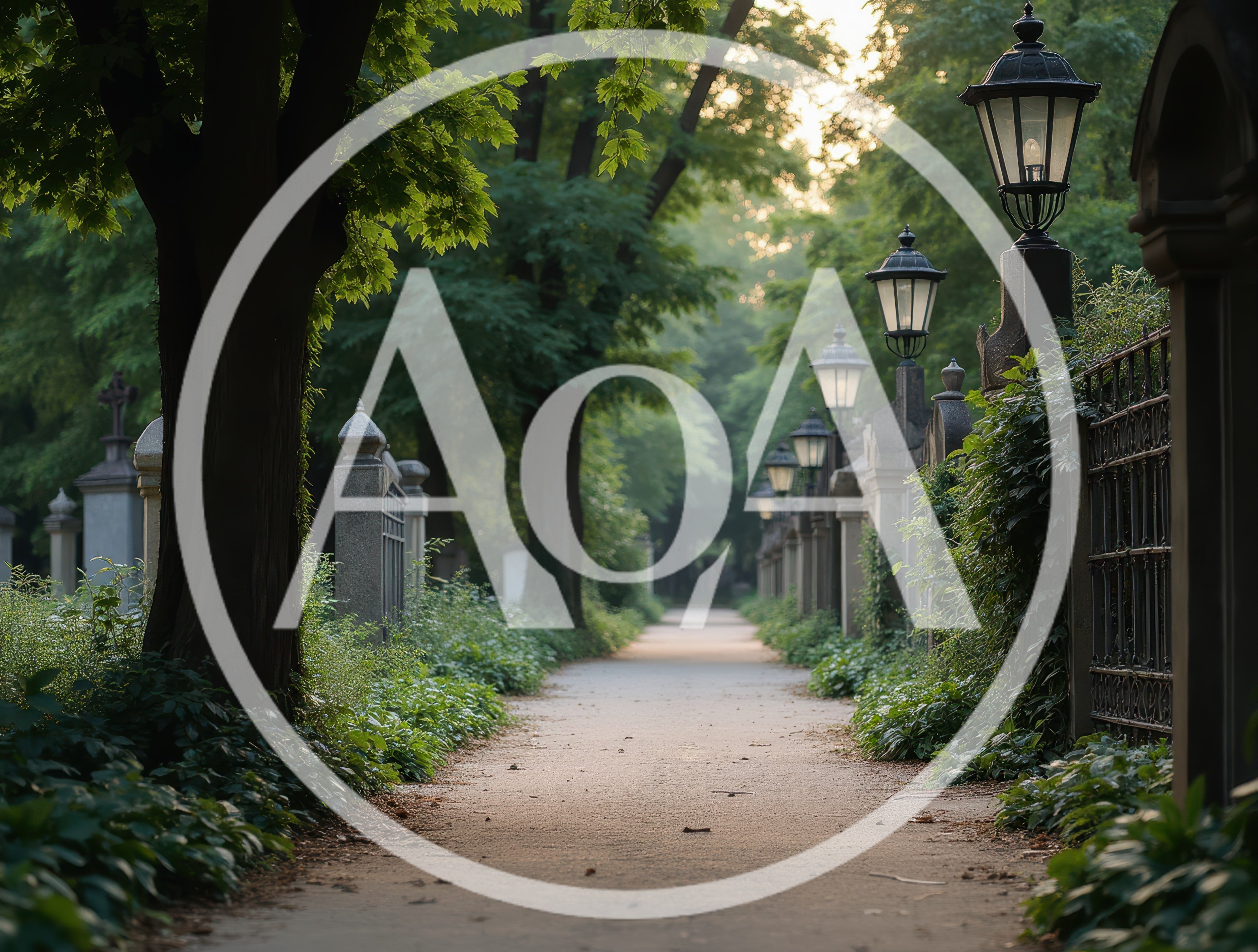 Empty Cemetery Pathway Lined With Vintage Street Lamps