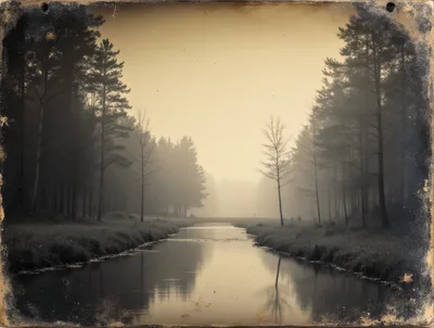 Vintage Style Landscape With Foggy River And Forest
