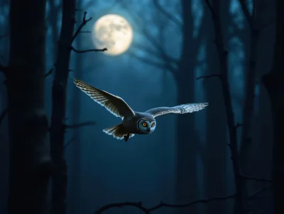 Snowy Owl Flying Through A Dark Misty Forest