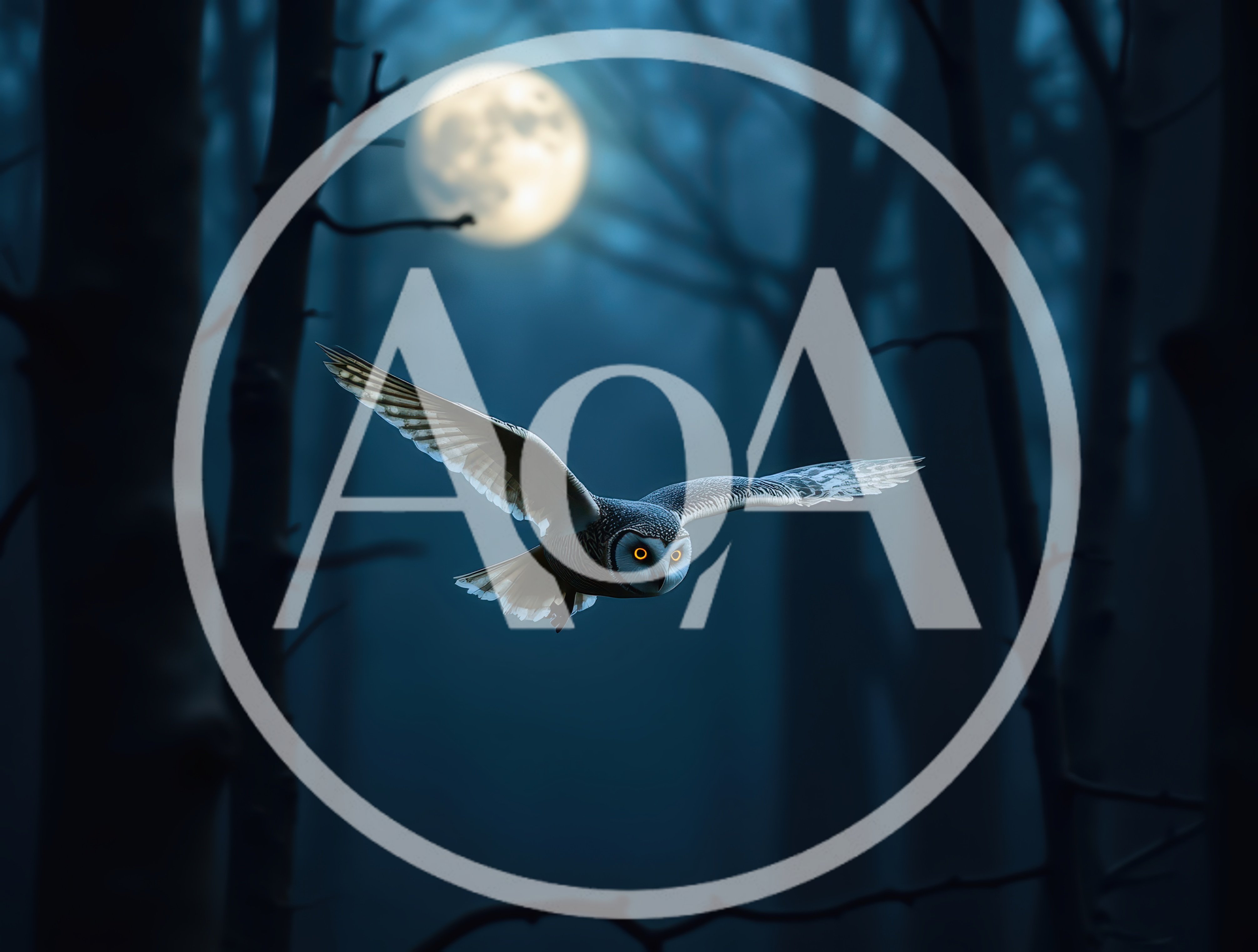 Snowy Owl Flying Through A Dark Misty Forest