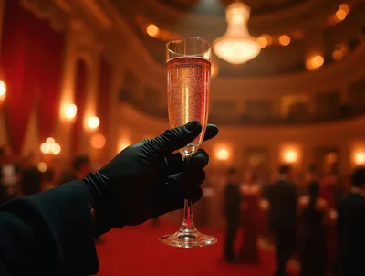 Hand In Black Glove Holding Champagne Flute At Gala