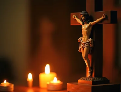 Crucifix Statue With Lit Candles In Dim Lighting