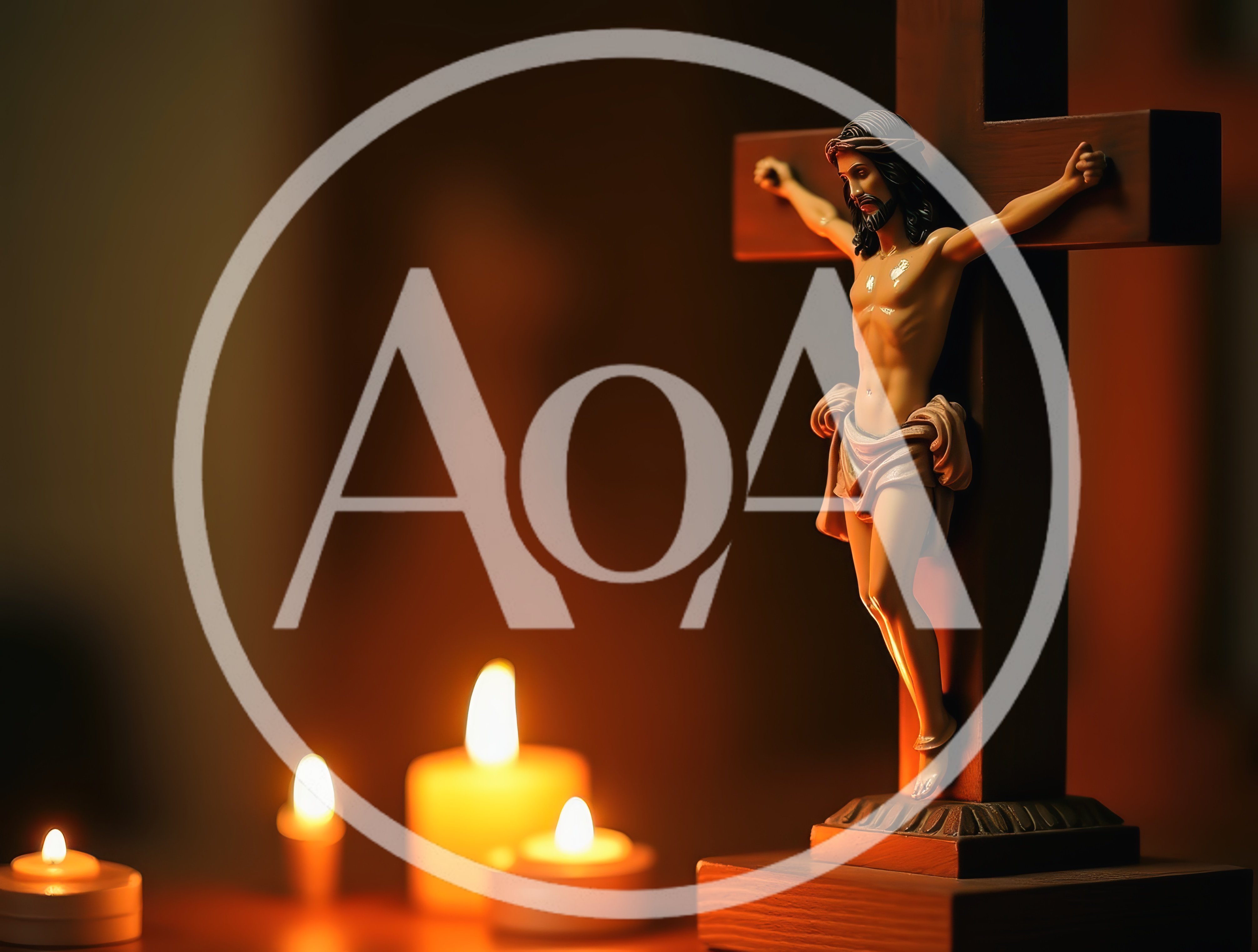 Crucifix Statue With Lit Candles In Dim Lighting