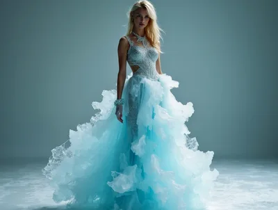 Blonde Model Wearing A Sparkling Blue Ruffled Gown