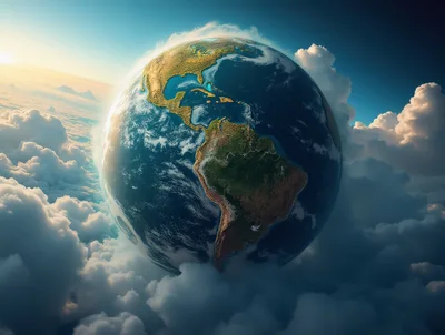 Earth Globe Floating Above Clouds In Space