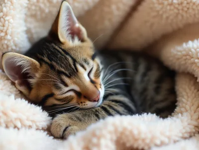 Sleeping Tabby Kitten Wrapped In A Soft Blanket