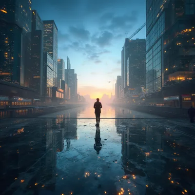 Silhouette Of A Businessman Standing By A City River