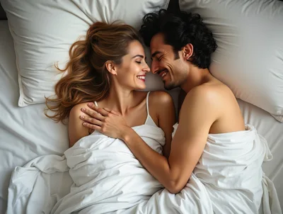 Happy Couple Cuddling Together In Bed