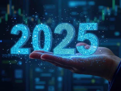 Glowing Digital 2025 Text Floating Above Human Hand