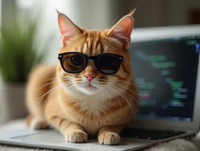 Ginger Cat Wearing Sunglasses Sitting On A Laptop