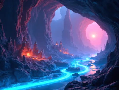 Fantasy Underground City With Glowing River