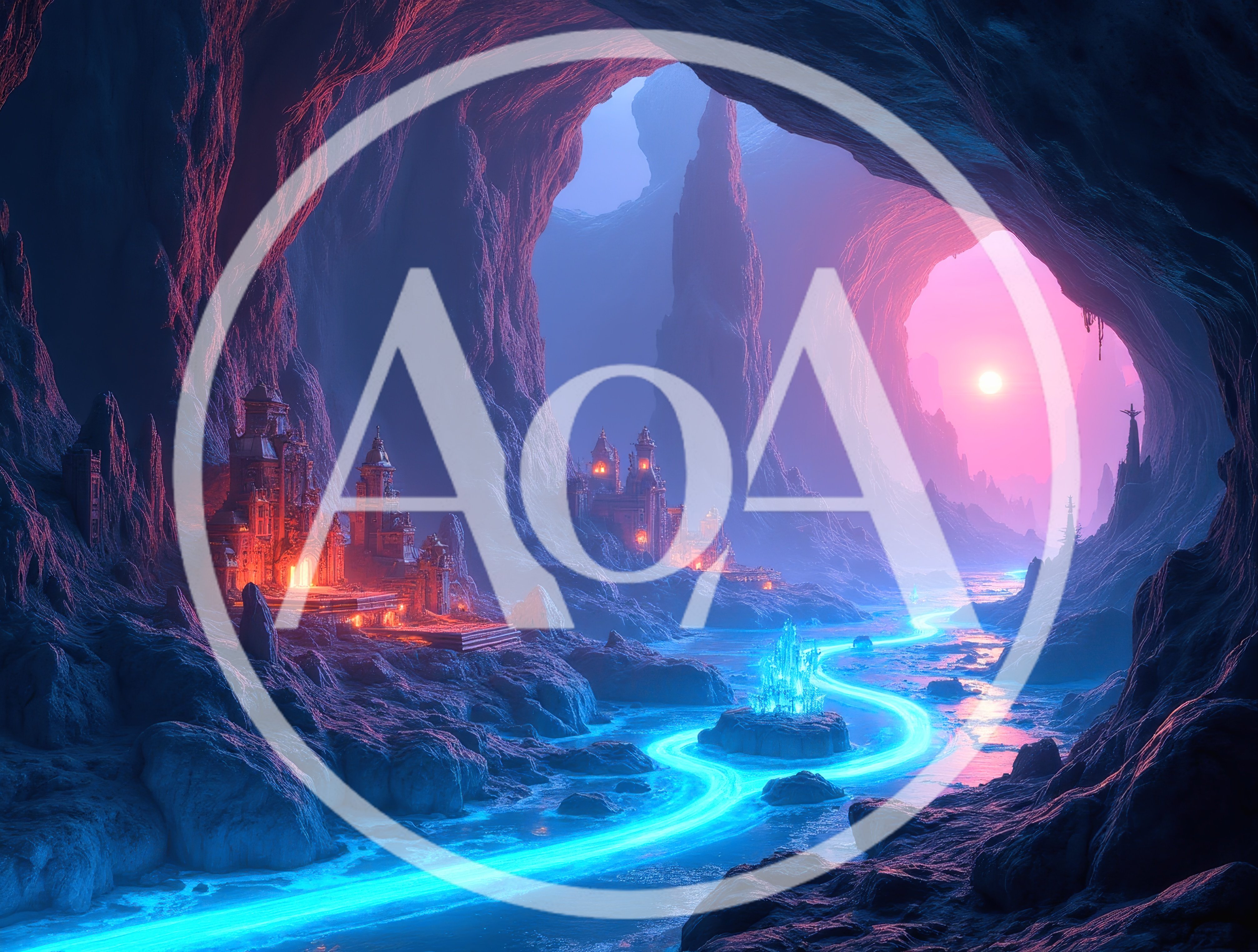 Fantasy Underground City With Glowing River