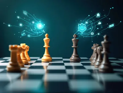 Digital Strategy Chess Match With Glowing Data Icons