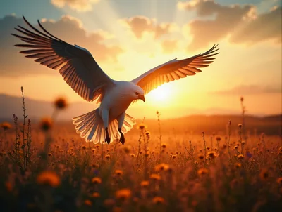 White Bird Flying Over A Golden Meadow At Sunset