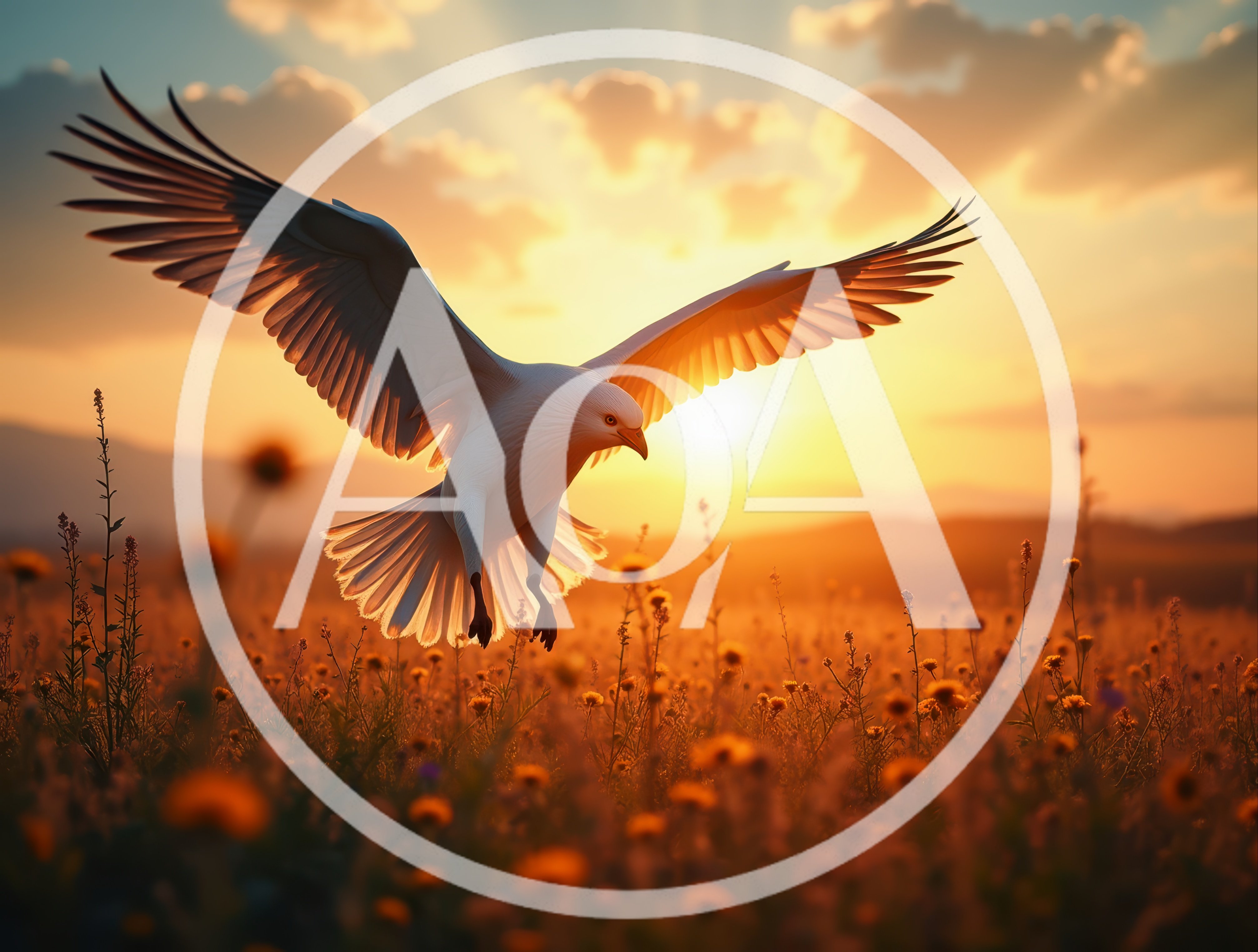 White Bird Flying Over A Golden Meadow At Sunset