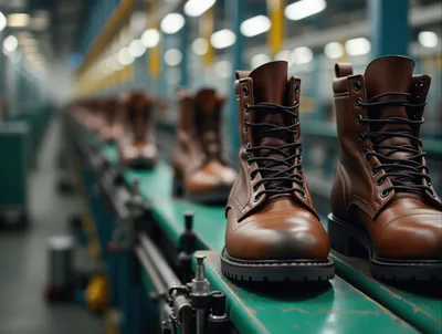 Brown Leather Boots Moving Along Industrial Factory Conveyor Belt