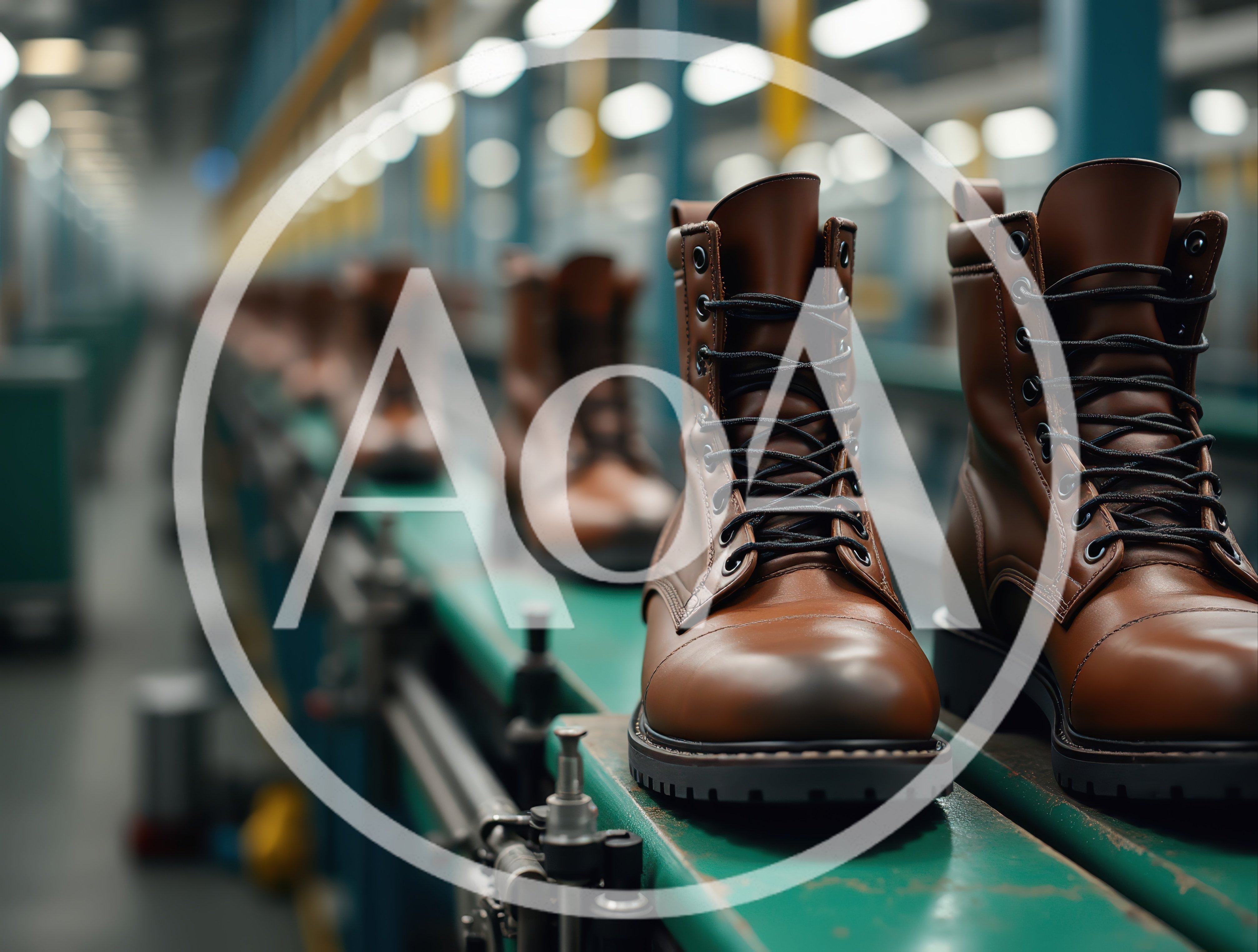 Brown Leather Boots Moving Along Industrial Factory Conveyor Belt