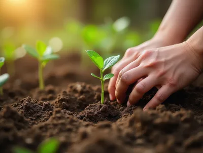 Hands Planting A Young Green Seedling In Soil