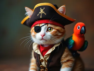 Cute Ginger Cat Dressed As A Pirate With Parrot