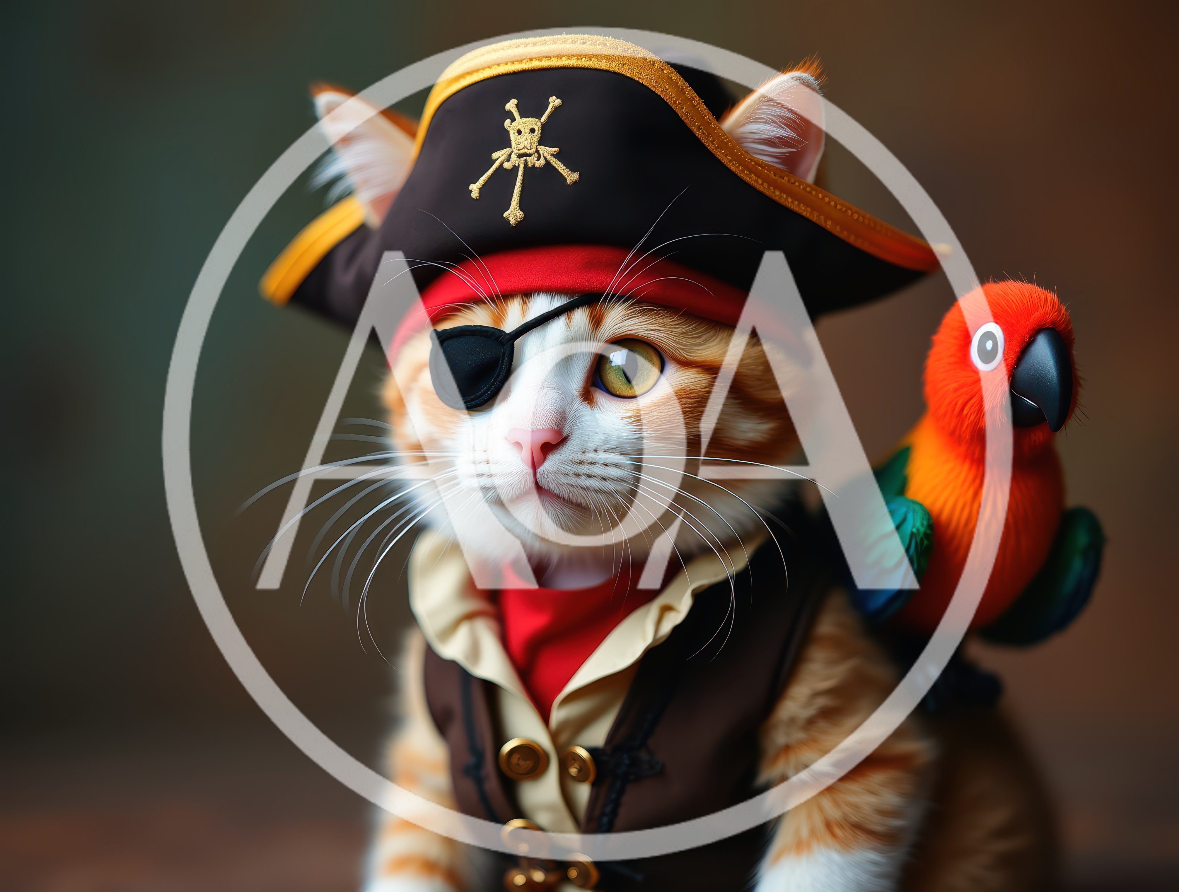 Cute Ginger Cat Dressed As A Pirate With Parrot