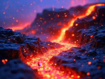 Molten Lava Flowing Through Dark Volcanic Landscape