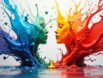 Abstract Faces Formed From Vibrant Liquid Paint Splashes