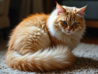 Fluffy Ginger Maine Coon Cat Sitting On Carpet