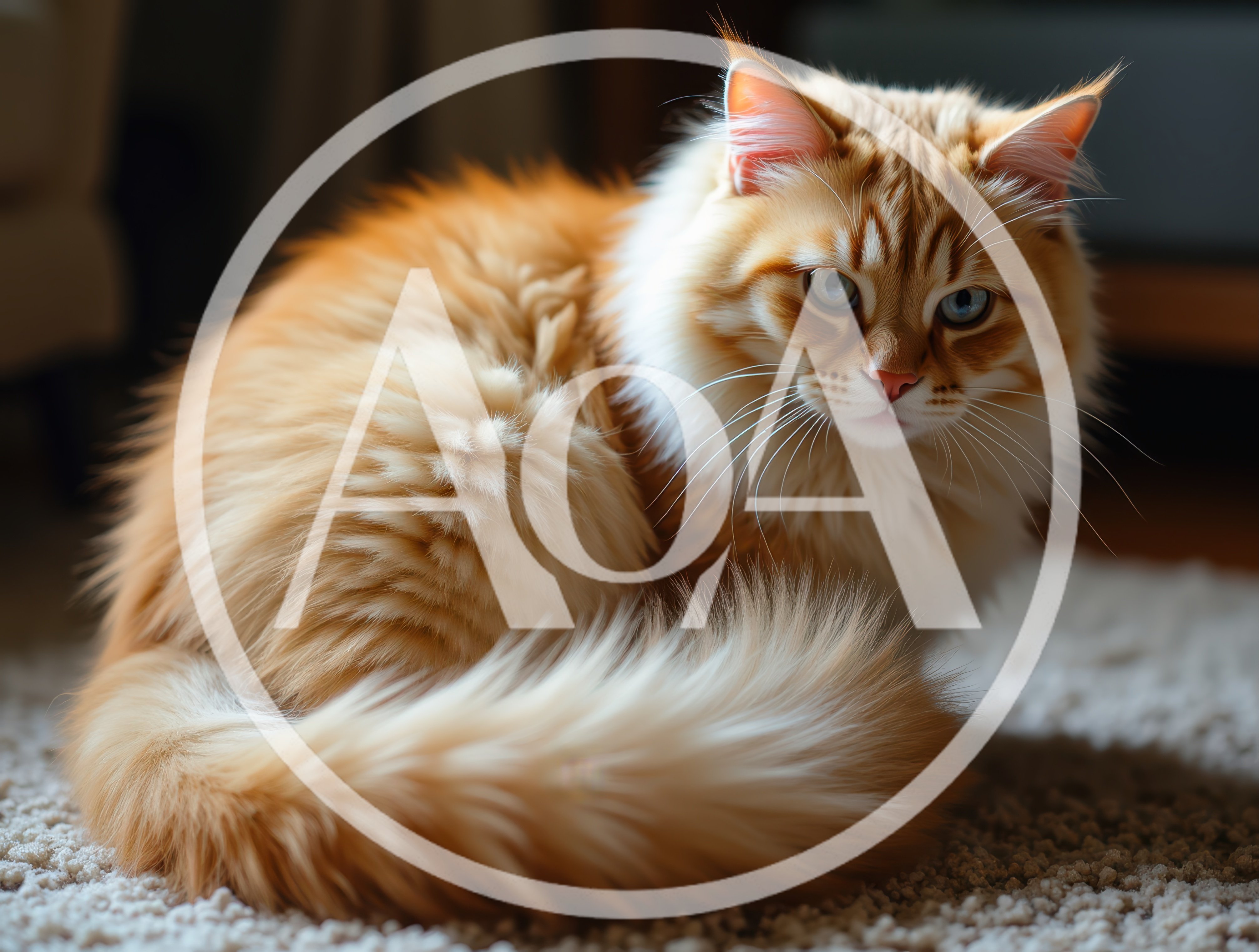 Fluffy Ginger Maine Coon Cat Sitting On Carpet