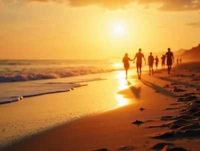 Silhouetted People Walking Along A Beach At Sunset
