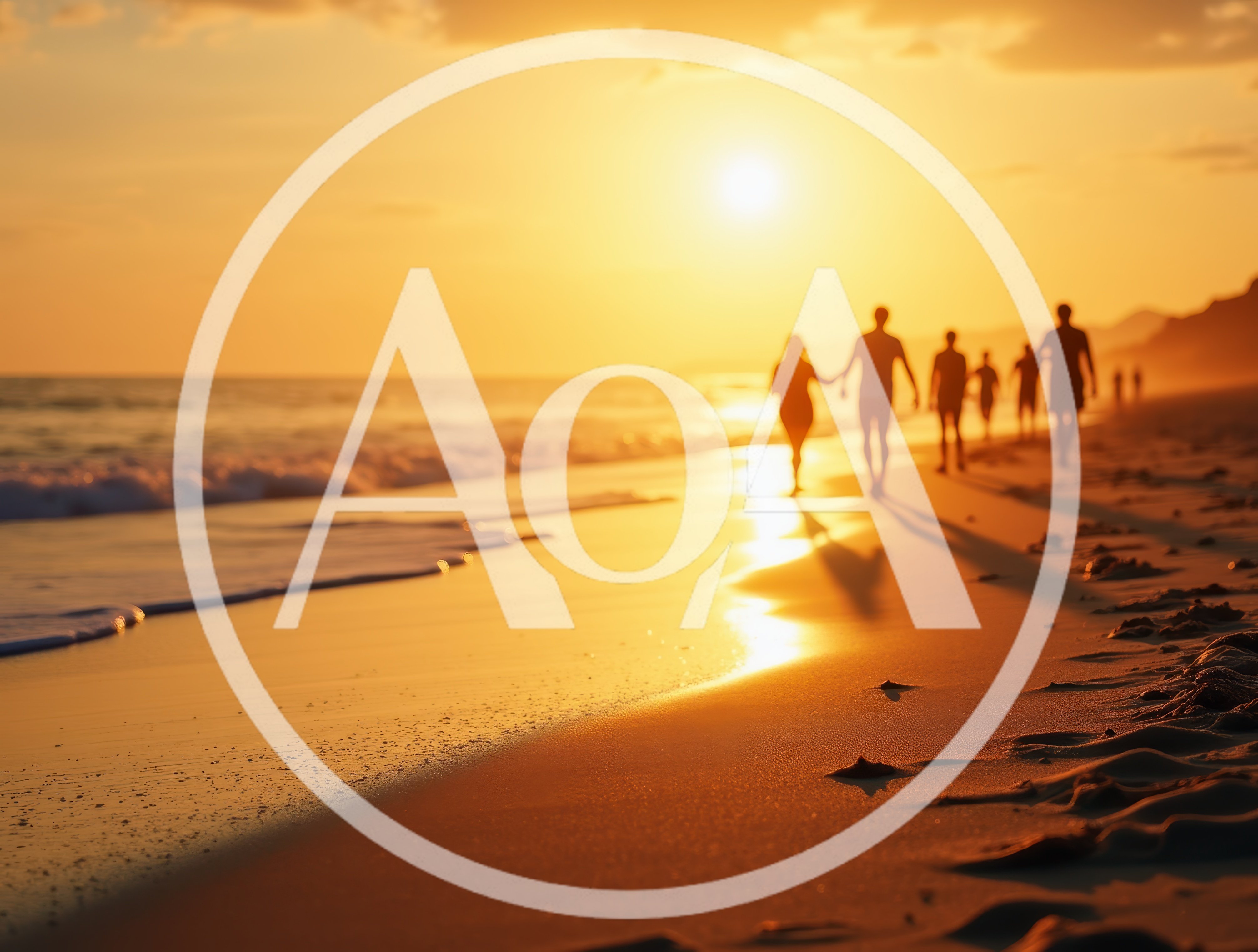 Silhouetted People Walking Along A Beach At Sunset