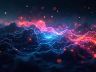 Abstract Digital Landscape With Glowing Particle Waves