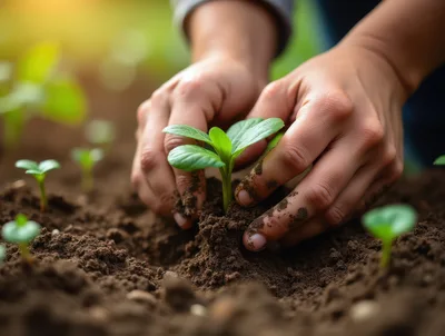Hands Planting A Young Green Seedling In Soil
